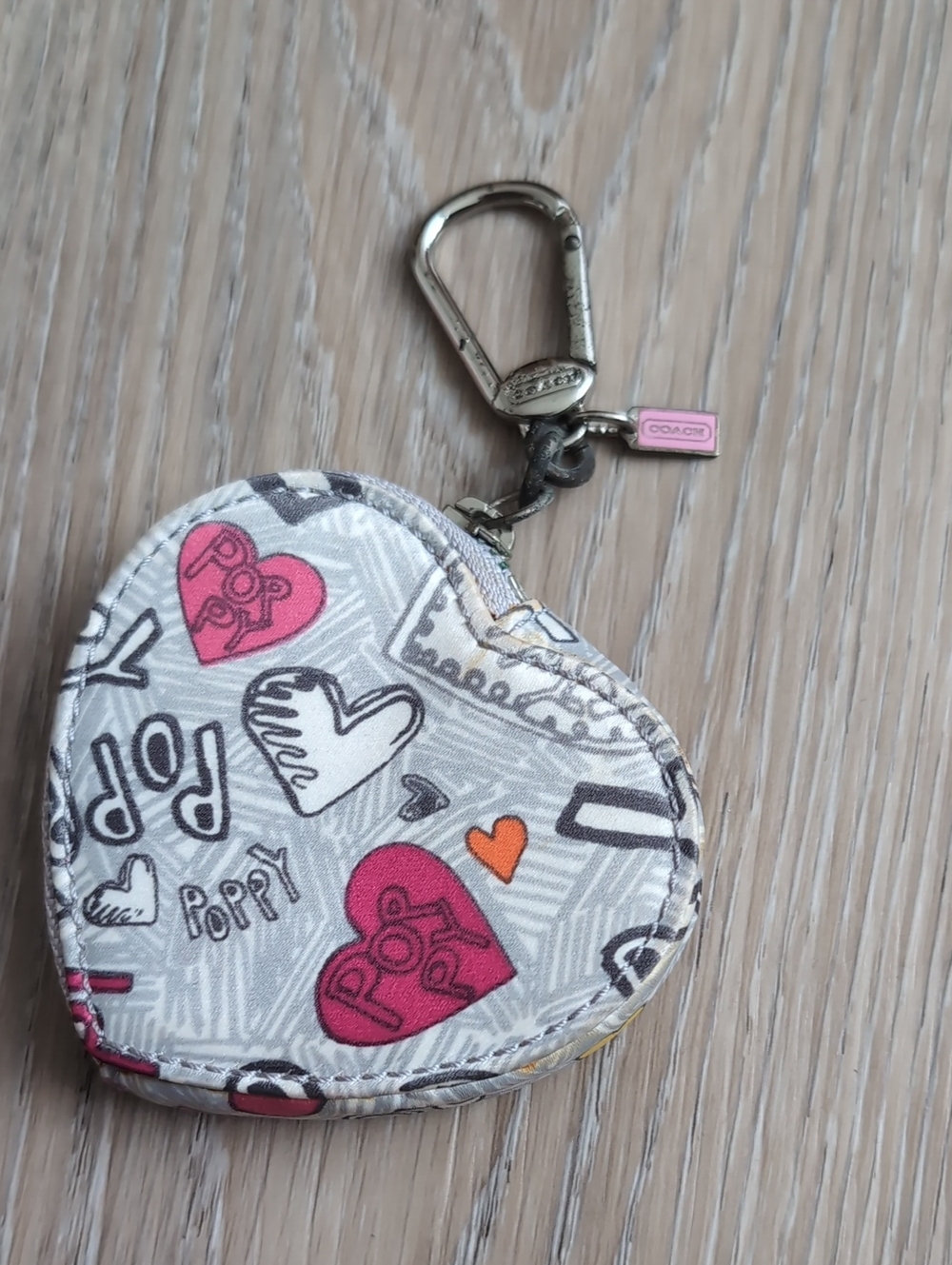 Coach Poppy Heart Coin Pouch Keychain in Pink,  White